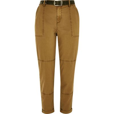 Sand brown belted utility cargo pants